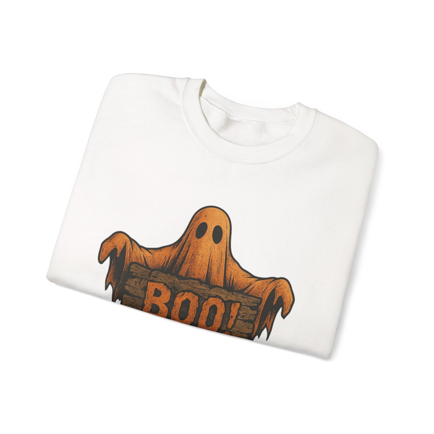 Halloween Boo Ghost Sweatshirt, Spooky Ghost with Wooden Sign, Trick or Treat Shirt, Cute Halloween Apparel, Fall Shirt