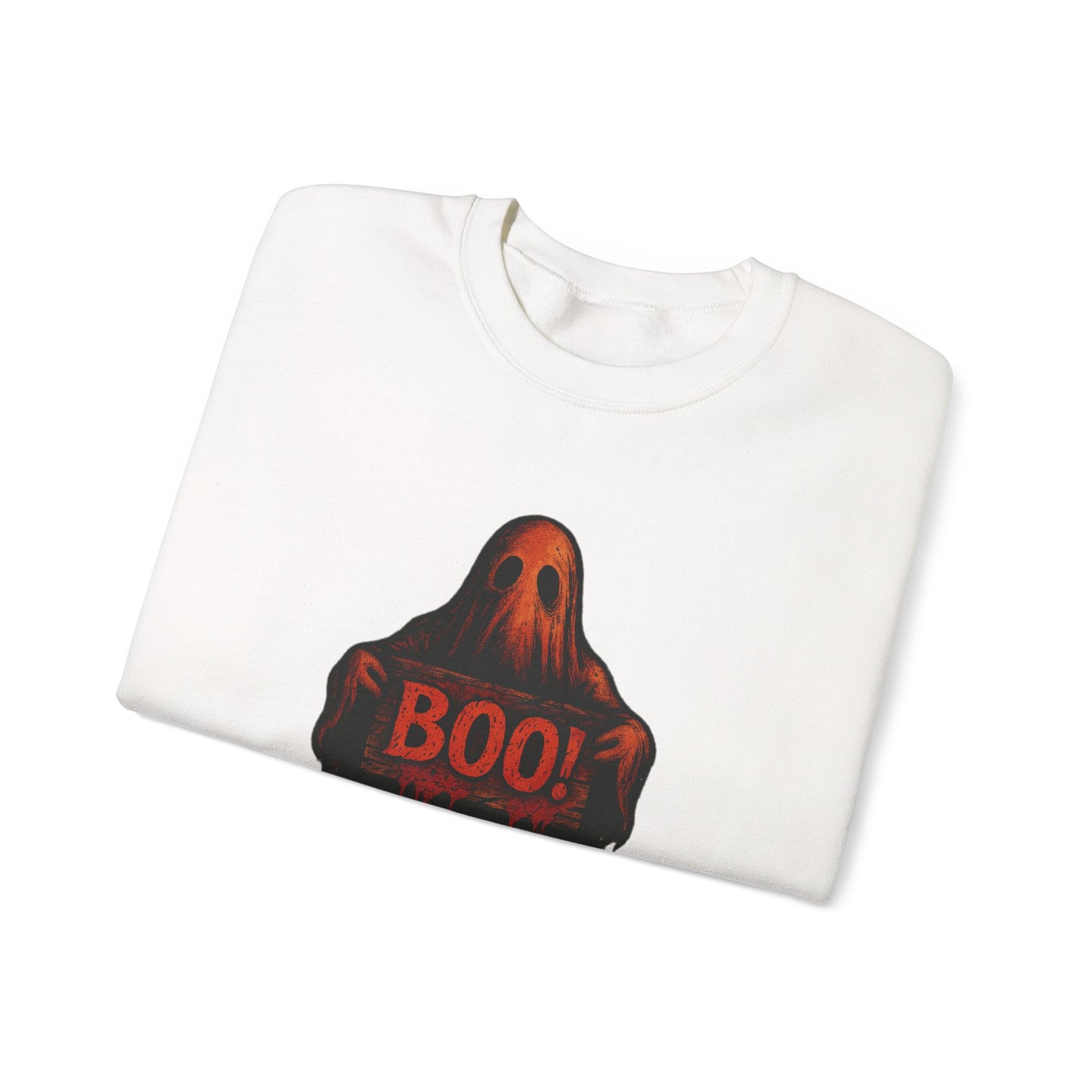 Halloween Ghost Sweatshirt, Spooky Boo Ghost with Sign, Trick or Treat Apparel, Ghostly Halloween Shirt, Fun Fall Shirt