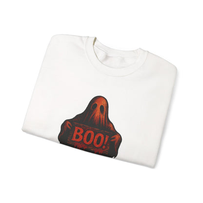 Halloween Ghost Sweatshirt, Spooky Boo Ghost with Sign, Trick or Treat Apparel, Ghostly Halloween Shirt, Fun Fall Shirt