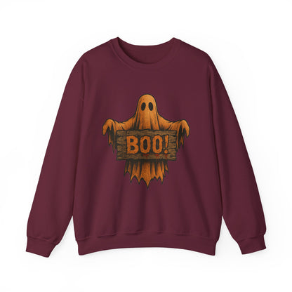 Halloween Boo Ghost Sweatshirt, Spooky Ghost with Wooden Sign, Trick or Treat Shirt, Cute Halloween Apparel, Fall Shirt
