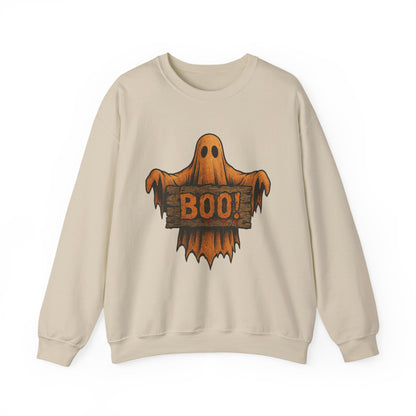 Halloween Boo Ghost Sweatshirt, Spooky Ghost with Wooden Sign, Trick or Treat Shirt, Cute Halloween Apparel, Fall Shirt