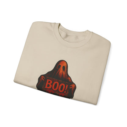 Halloween Ghost Sweatshirt, Spooky Boo Ghost with Sign, Trick or Treat Apparel, Ghostly Halloween Shirt, Fun Fall Shirt
