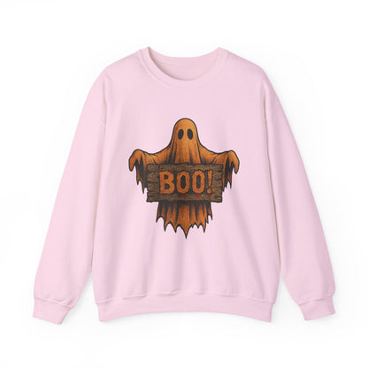 Halloween Boo Ghost Sweatshirt, Spooky Ghost with Wooden Sign, Trick or Treat Shirt, Cute Halloween Apparel, Fall Shirt