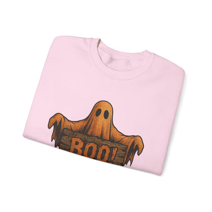 Halloween Boo Ghost Sweatshirt, Spooky Ghost with Wooden Sign, Trick or Treat Shirt, Cute Halloween Apparel, Fall Shirt