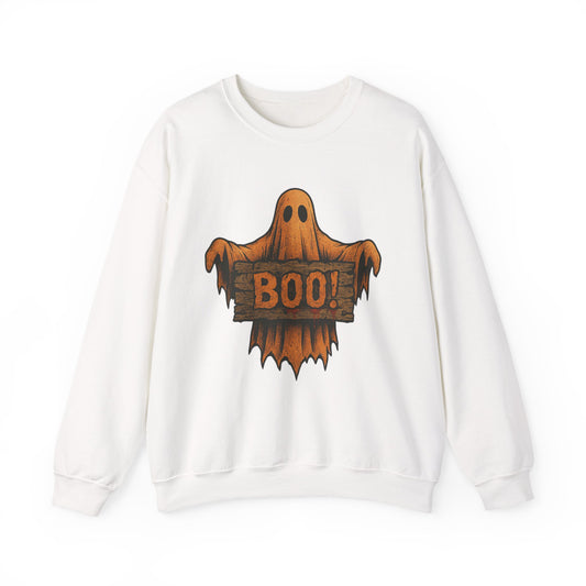 Halloween Boo Ghost Sweatshirt, Spooky Ghost with Wooden Sign, Trick or Treat Shirt, Cute Halloween Apparel, Fall Shirt