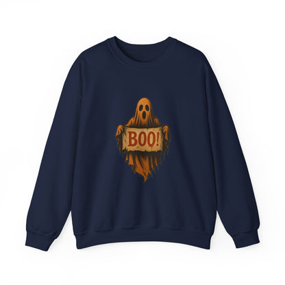 Spooky Boo Ghost Sweatshirt, Halloween Ghost with Boo Sign, Ghostly Halloween Apparel, Trick or Treat Shirt, Fun Halloween Shirt