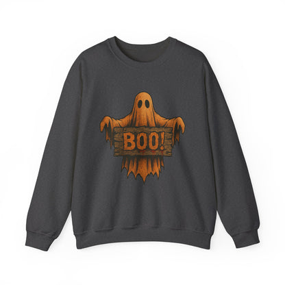 Halloween Boo Ghost Sweatshirt, Spooky Ghost with Wooden Sign, Trick or Treat Shirt, Cute Halloween Apparel, Fall Shirt